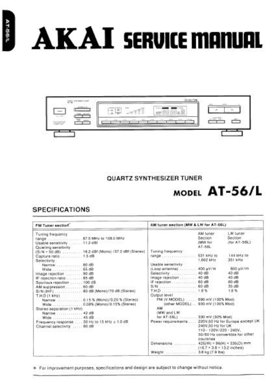 AKAI AT-56 AT-56L Quartz Synthesizer Tuner Service Manual - Etsy