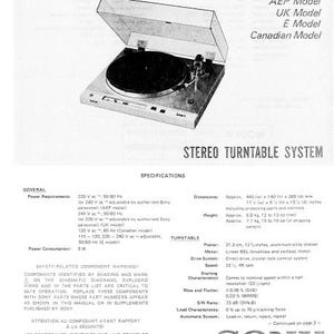 May include: A black and silver Sony PS-X35 stereo turntable system. The image is a service manual page with specifications, including dimensions in mm and weight in kg. The turntable has a clear dust cover.