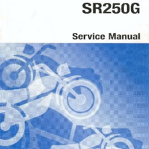 May include: A Yamaha SR250G motorcycle service manual with a blue background and a white silhouette of a motorcycle. The text "Yamaha SR250G Service Manual" is printed in black.