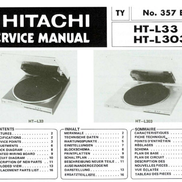 HITACHI HT-L33 HT-L303 Service Manual Linear Tracking Belt Drive Automatic Turntables in English Deutsch Francais
