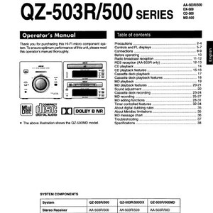 Puede incluir: Manual del operador del sistema de microcomponentes Hi-Fi Akai QZ-503R/500. El manual incluye una tabla de contenido, componentes del sistema y una ilustración del modelo QZ-500MD. El sistema incluye un receptor estéreo, un reproductor de discos compactos, una grabadora de minidiscos y una grabadora de casetes estéreo.