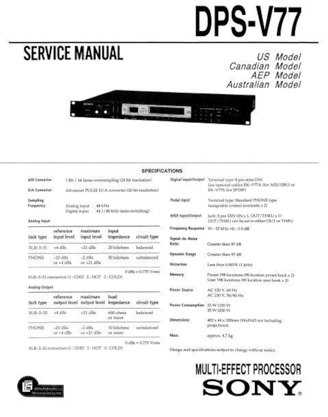 SONY DPSV77 Service Manual Inc Schems Multi Effect Processor Etsy