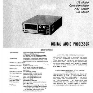 May include: A black and silver Sony PCM-F1 Digital Audio Processor with a service manual. The manual includes specifications for the device, including signal system, code format, number of audio channels, sampling frequency, quantization, frequency response, harmonic distortion, dynamic range, channel separation, wow and flutter, error correction, and emphasis.