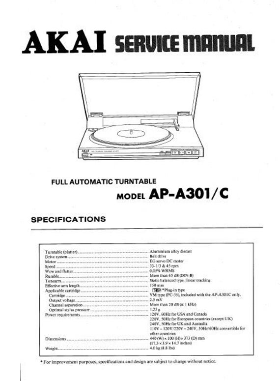 AKAI AP-A301/C Turntable Service Manual (PDF Download) - Etsy