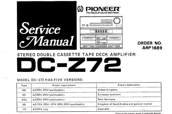 PIONEER Dc-z72 Service Manual Stereo Double Cassette Tape Deck in