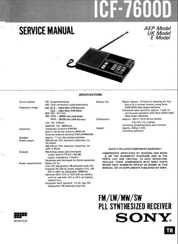SONY Icf-7600d Service Manual Fm Lw Mw Sw Pll Synthesized Receiver 