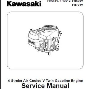 May include: A Kawasaki service manual for a 4-stroke, air-cooled V-Twin gasoline engine. The manual features a detailed line drawing of the engine and lists compatible models: FH451V, FH500V, FH531V, FH541V, FH580V, FH601V, FH641V, FH661V, FH680V, and FH721V.