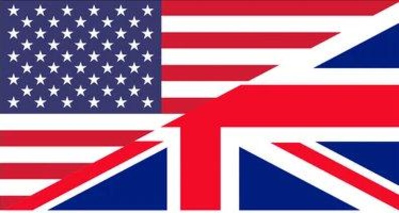 May include: A red, white, and blue American flag and a red, white, and blue Union Jack flag are superimposed on each other. The American flag is on the left and the Union Jack is on the right. The flags are both flying in the wind.