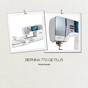 Puede incluir: Una máquina de coser Bernina 770 QE PLUS blanca con una gran pantalla digital y una variedad de botones y controles. La máquina se muestra en dos vistas diferentes, una desde el frente y otra desde el lateral.