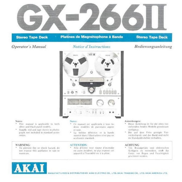 AKAI Gx-266ii Operators Manual Notice D' Instructions Bedienungsanleitung Stereo Tape Deck Platines De Magnetophone A Bande Eng Franc Deut