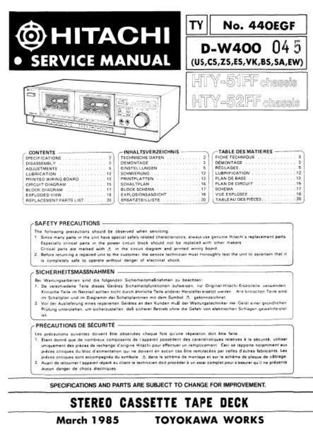 HITACHI D-W400 Stereo Cassette Tape Deck Service Manual (english