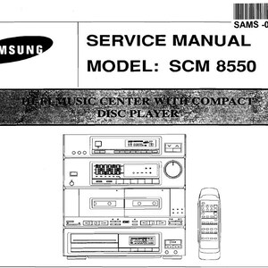 以下が含まれることがあります： コンパクトディスクプレーヤー付きのサムスンハイファイミュージックセンターの白黒線画。システムにはカセットデッキ、CDプレーヤー、チューナー、リモコンが含まれています。モデル番号はSCM 8550です。