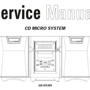 May include: Black and white line drawing of a CD micro system with two speakers and a central unit. The central unit has a CD player, radio tuner, and controls. The system is labelled "QX-D3305".