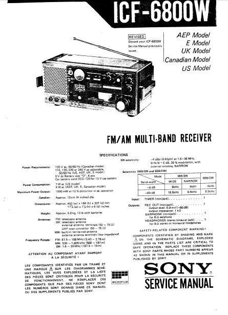 SONY Icf-6800w Service Manual Fm Am Multi Band Receiver in