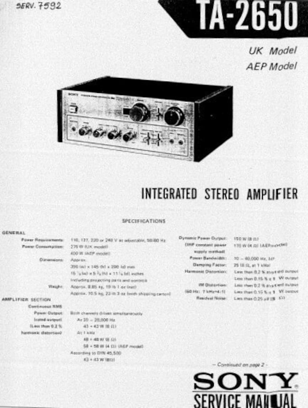 SONY Ta-2650 Service Manual Integrated Stereo Amplifier 13