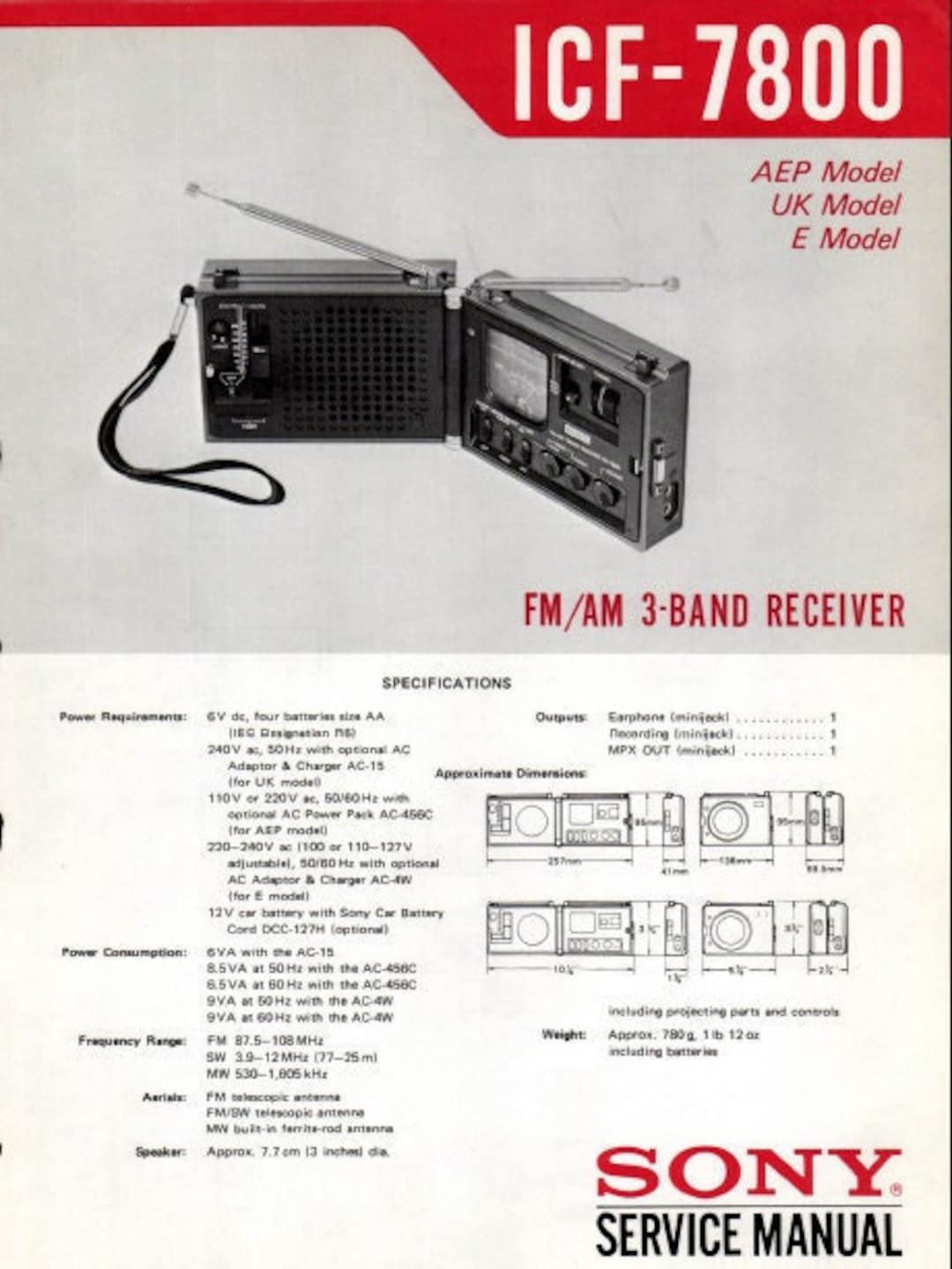 SONY ICF-7800 サービスマニュアル（FM/AM 3バンドレシーバー、英語