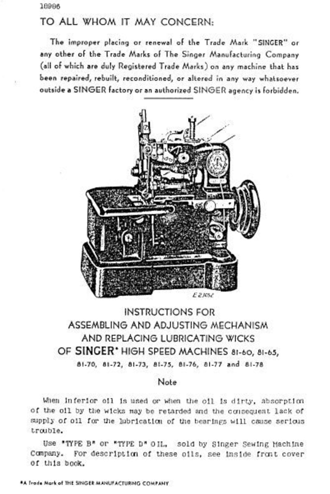 SINGER 81-60 81-65 81-70 72 73 75 76 77 78 Instructions for Assembling ...