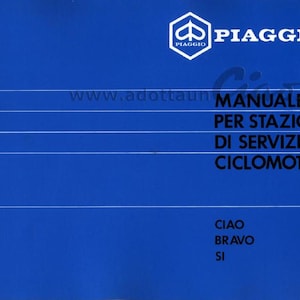 Pode incluir: Uma capa de manual azul com linhas horizontais brancas e texto. O logotipo da Piaggio está no topo, com as palavras "Manuale per Stazioni di Servizio Ciclomotori" e "Ciao Bravo Si" visíveis.