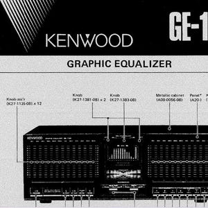 Puede incluir: Un ecualizador gráfico Kenwood GE-1100 negro con una placa frontal plateada y una serie de perillas y deslizadores. El texto "Kenwood" está impreso en blanco en la placa frontal. El texto "GE-1100" está impreso en blanco en la parte superior de la unidad.