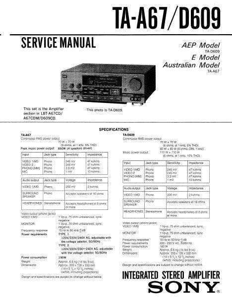 SONY Ta-a67 Service Manual Integrated Stereo Amplifier in English