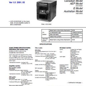May include: A service manual for a Sony HCD-DX30/RG40 compact disc deck receiver. The document includes specifications, model information, and diagrams. The cover features a photo of the receiver.