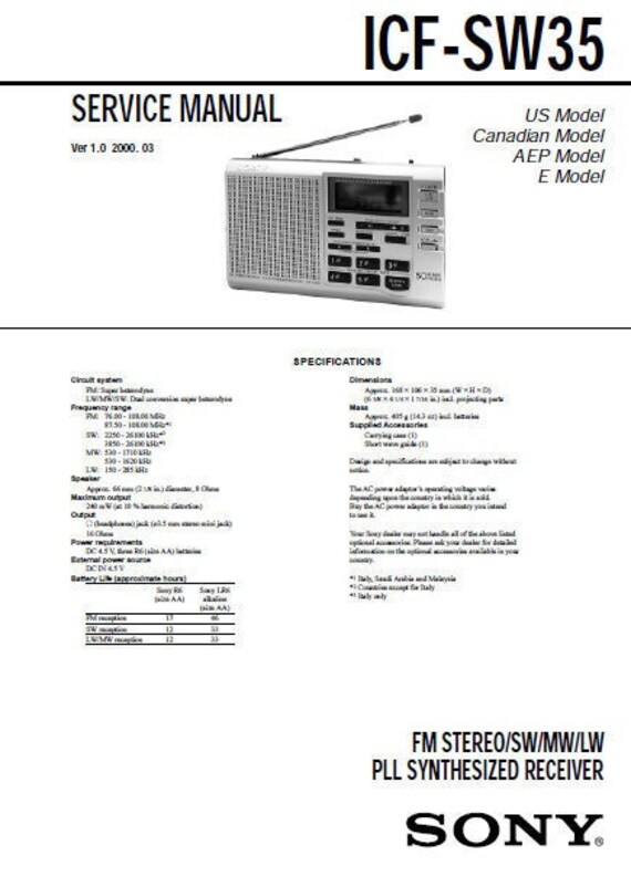 Sony Icf Sw35 Service Manual Inc Schems Fm Stereo Sw Mw Lw Pll Etsy