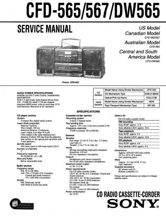 SONY CFD-565/567/DW565 Service Manual CD Radio Cassette Corder Pdf
