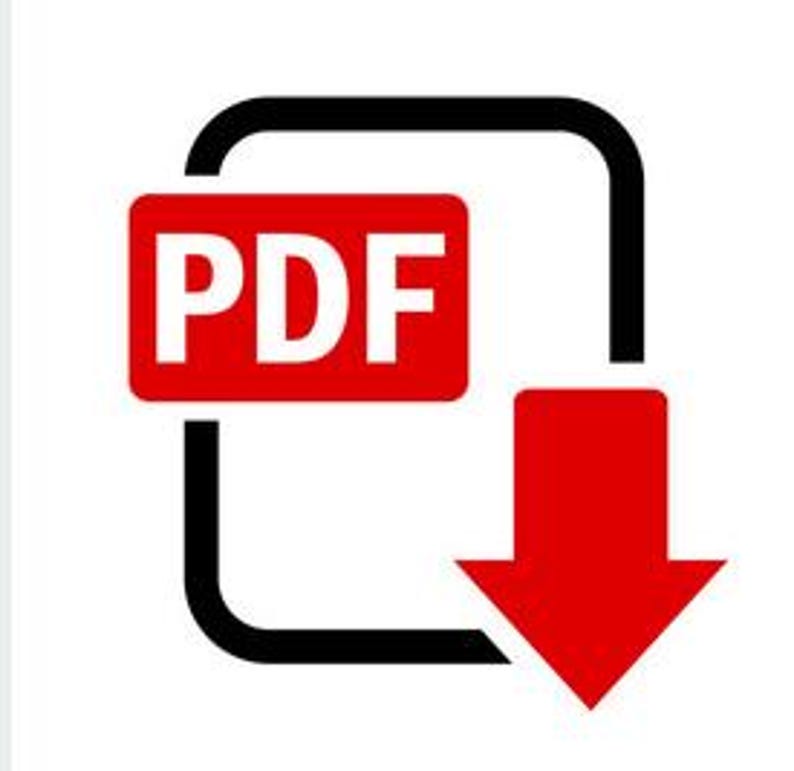 May include: A red PDF icon with a white "PDF" label inside a black square frame. A red downward arrow is below the square frame.