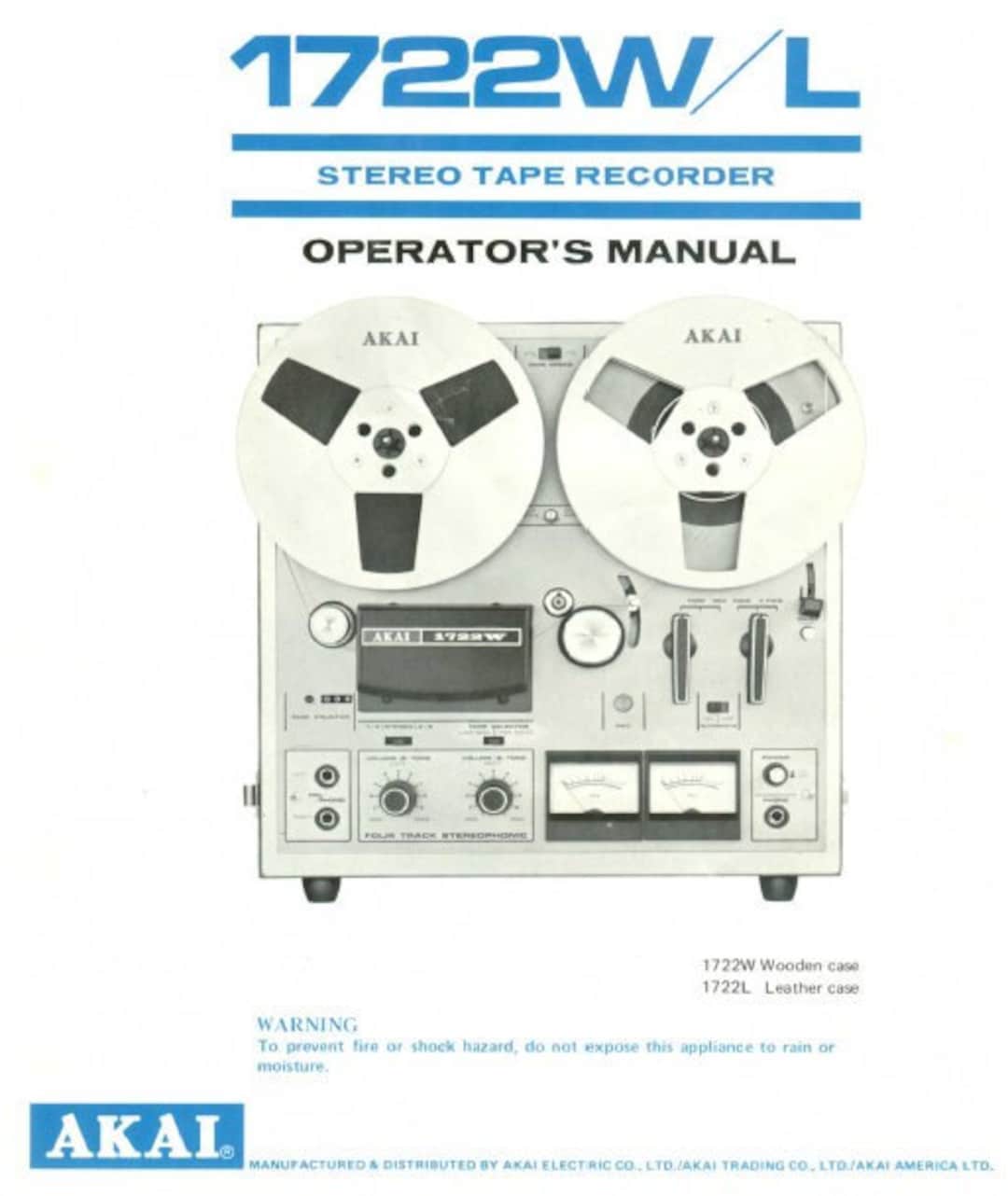 Akai 1722W 1722L Operator's Manual Stereo Tape Recorder in ENGLISH -   Israel