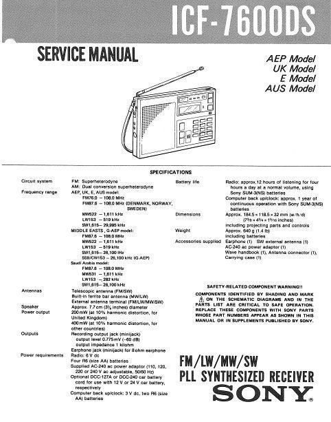 SONY ICF-7600DS Service Manual Inc Schems Fm Lw Mw Sw Pll - Etsy