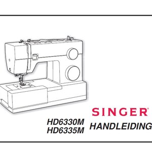 May include: A black and white line drawing of a Singer sewing machine. The model number is HD6330M HD6335M HANDLEIDING. The text is in red.