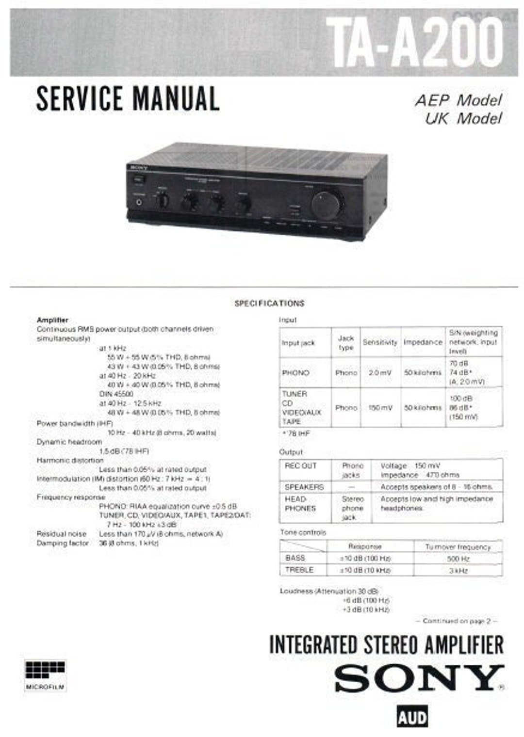 SONY Ta-a200 Service Manual Integrated Stereo Amplifier in English