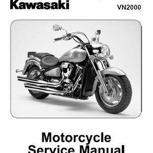 May include: Black and white image of a Kawasaki Vulcan 2000 motorcycle with the text "Vulcan 2000 VN2000" and "Motorcycle Service Manual".