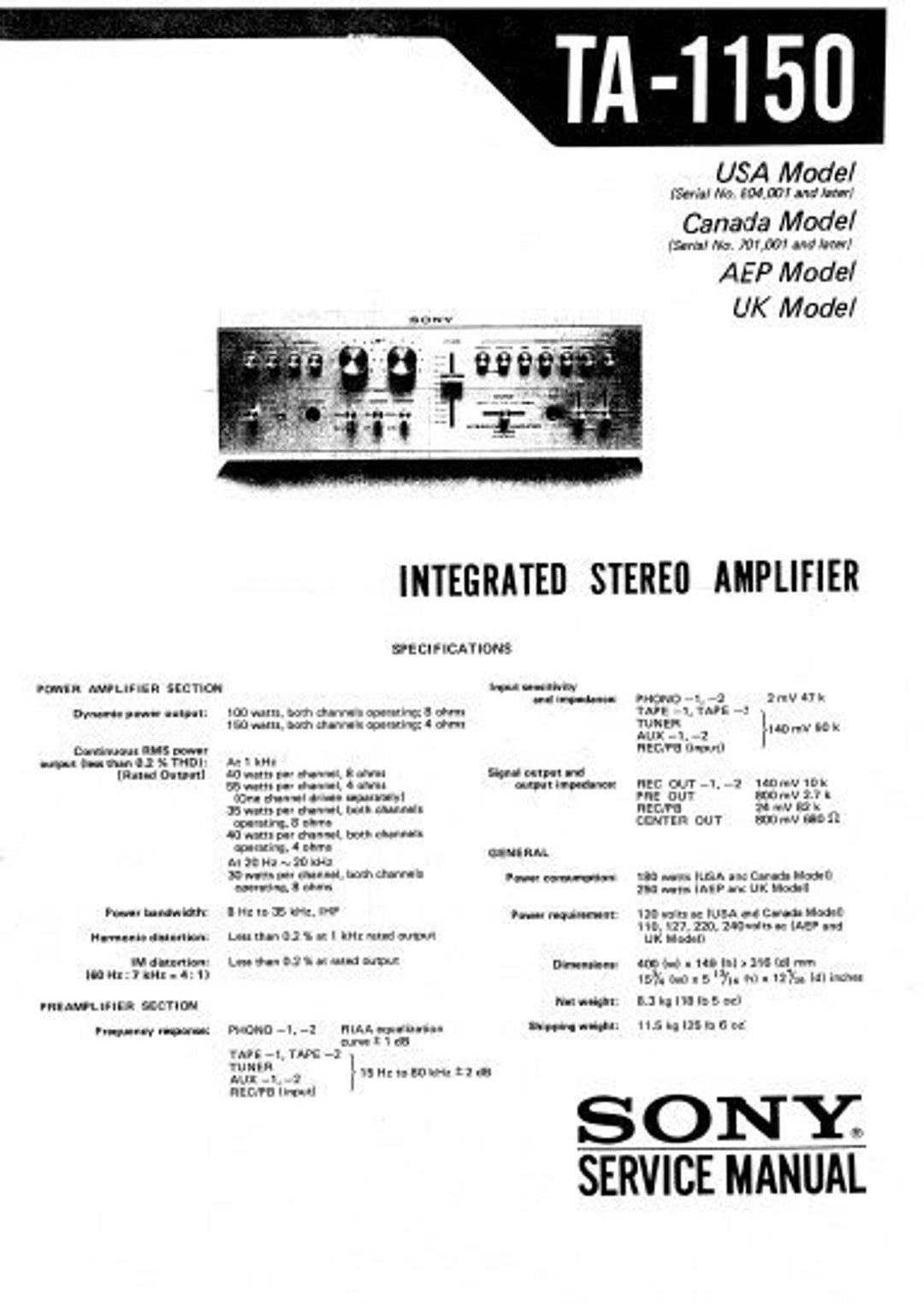 SONY TA-1150 Service Manual Integrated Stereo Amplifier in ENGLISH