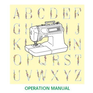 May include: A black and white illustration of a sewing machine with a digital display. The image is surrounded by a yellow background with white letters of the alphabet decorated with floral designs.