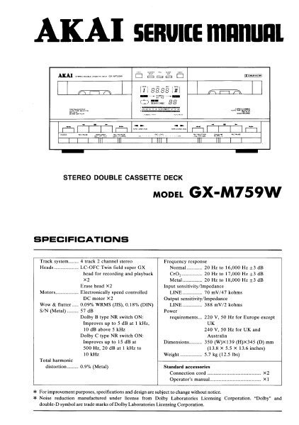 AKAI GX-M759W Stereo Double Cassette Deck Service Manual 37 Pages