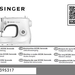 May include: A white Singer Serenade M320L sewing machine with a black accent panel, a circular stitch selection dial, and a needle assembly. The image includes a QR code for the PDF online manual and text listing the model number IAN 395317.