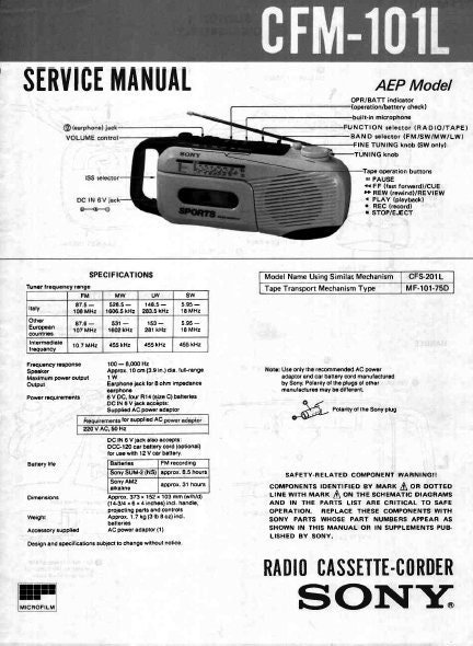 SONY CfM-101L Service Manual Radio Cassette Corder in English. MORE MANUALS @ themanualsservice dot com