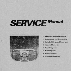 Puede incluir: Un manual de servicio en blanco y negro para una grabadora de radio casete y reproductor de CD Samsung RCD-M50/M55/M50B/M55G. El manual incluye las siguientes secciones: Alineación y ajustes, Desmontaje y montaje, Vistas explotadas y lista de piezas, Lista de piezas eléctricas, Diagramas de bloques, Diagramas de PCB, Diagrama de cableado y Diagramas esquemáticos.