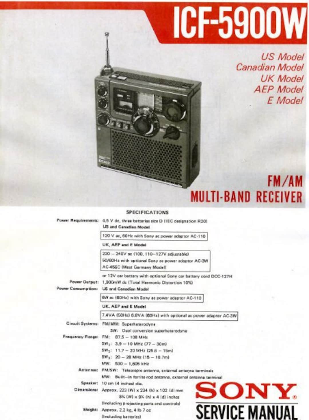 SONY ICF5900W Service Manual Inc Schems Fm Am Multiband Receiver Etsy