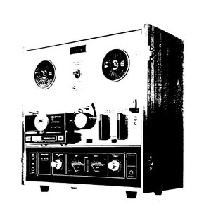 May include: A black and white image of a vintage reel-to-reel tape recorder. The recorder has two large reels, a control panel with knobs and buttons, and a speaker. The recorder is sitting on a white background.