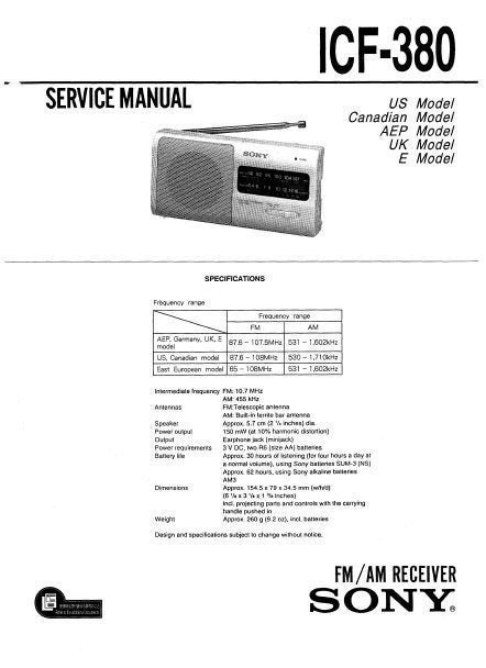 SONY ICF-380 Service Manual Inc Schems Fm Am Receiver 