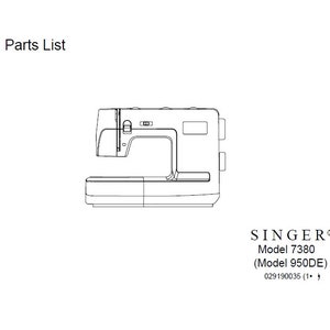 May include: Line drawing of a white Singer sewing machine, model 7380 (Model 950DE), with the text "SINGER®" and "029190035 (1+)" below.