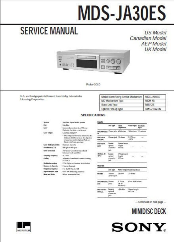 SONY Mds-ja30es Service Manual Inc Schems Md Deck in English SONY Mds-ja30es Service Manual Inc Schems Md Deck in English