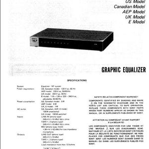 Può includere: Un equalizzatore grafico nero con il numero di modello SEH-V5. Il dispositivo ha una piastra frontale argentata con una fila di manopole e pulsanti. Il testo "GRAPHIC EQUALIZER" è stampato in bianco su sfondo nero sotto il dispositivo. Il testo "SONY SERVICE MANUAL" è stampato in bianco su sfondo nero nella parte inferiore dell'immagine.