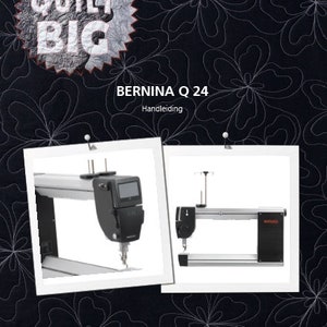 May include: A black and white image of a Bernina Q 24 longarm quilting machine. The machine is shown in two different positions, one with the needle down and the other with the needle up. The image is set against a black background with a white floral pattern.