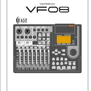 Op de afbeelding: Een zwarte en grijze Fostex VF08 Digital Multitracker met een groot LCD-scherm en een draaiknop. Het apparaat heeft een aantal knoppen en knoppen om audio-opname en -weergave te regelen.