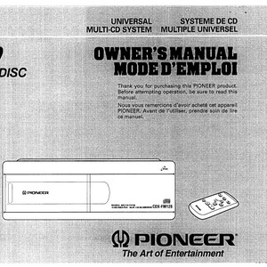 Puede incluir: Manual de usuario en blanco y negro para el sistema multi-CD Pioneer CDX-FM128 de 12 discos. El manual incluye instrucciones de funcionamiento y resolución de problemas. La portada presenta un diagrama del reproductor de CD y del mando a distancia.