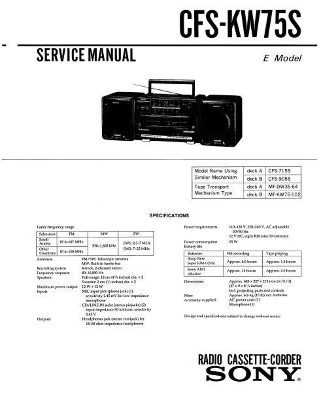 SONY CFSKW75S Service Manual Inc Schems Radio Cassette Corder Etsy