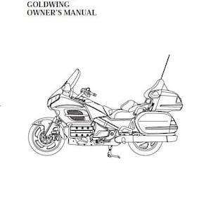 以下が含まれることがあります： 2009年製のホンダGL1800ゴールドウィングの白黒線画。図は、前輪が左に少し曲がった、3/4の視点から見たオートバイを示しています。オートバイは、大きなフロントガラス、右側にサドルバッグ、後ろにトランクが付いています。